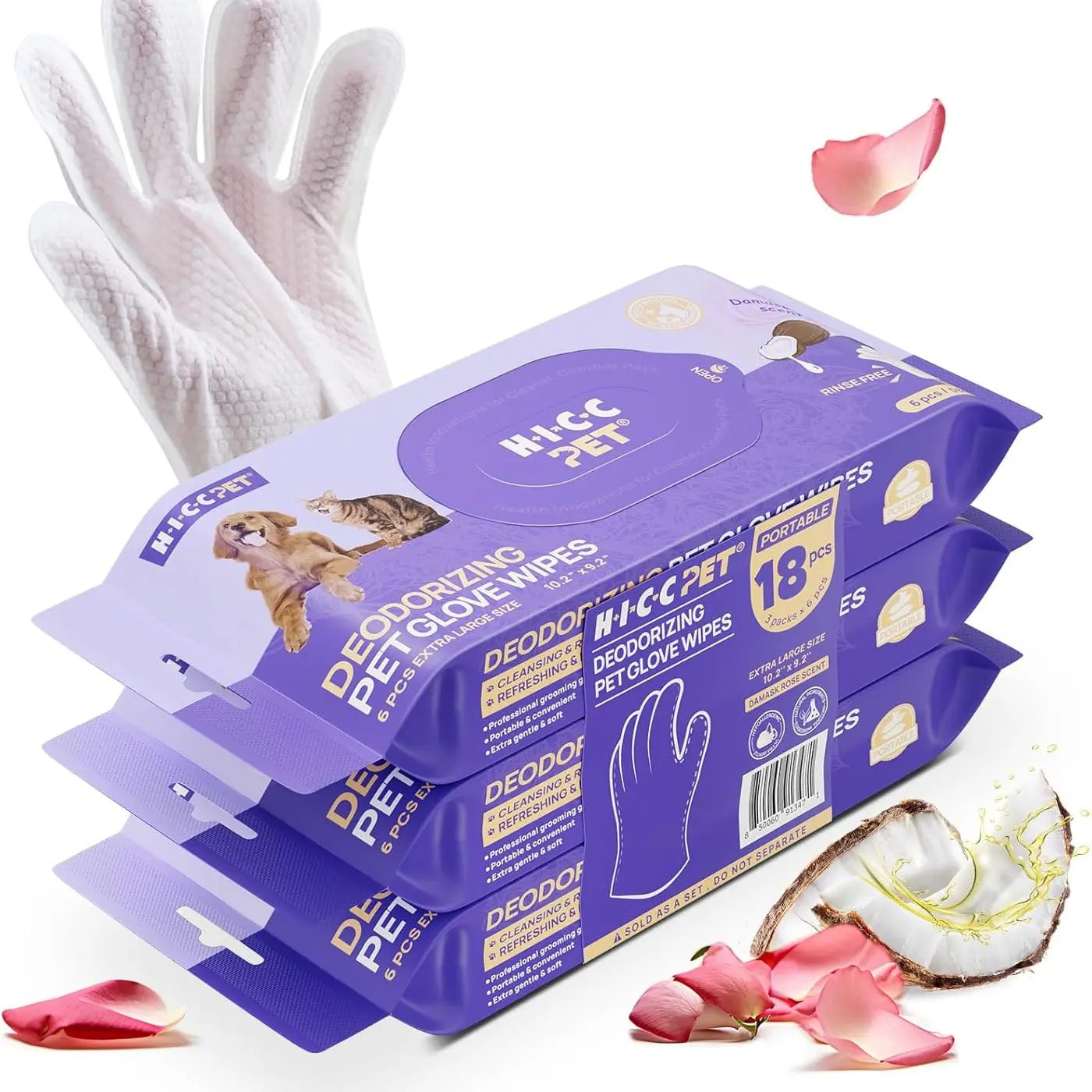 HICC PET Disposable Dog Grooming Wipes (20Pcs) - Natural, Hypoallergenic, No-Rinse Mess-Free Grooming Wipes with Fermented Oils for Hair Removal, Sticky Hair Control, Deodorizing, Skin Moisture, Paw Care, Outdoor Use