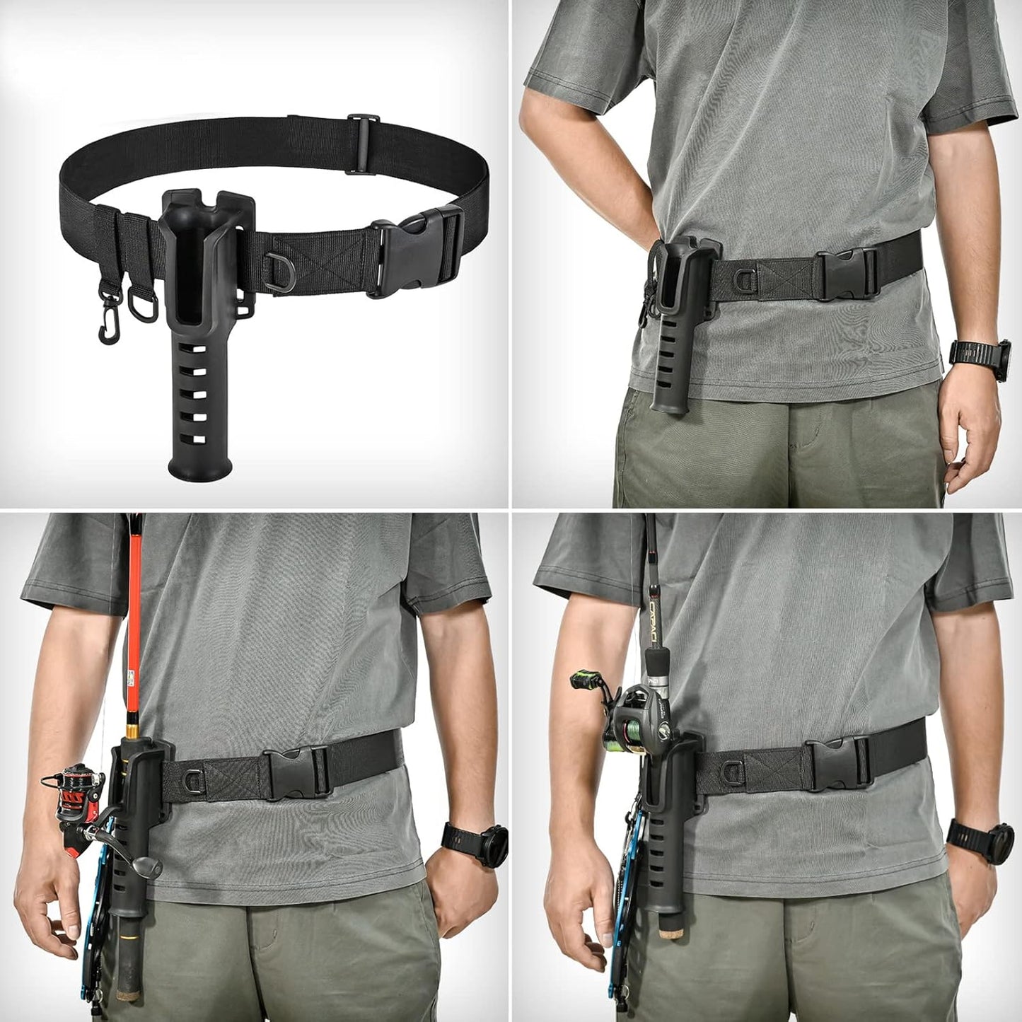 Fishing Wading Belt Rod Holder Adjustable Wader Waist Belt for Fly Surf Casting Spinning Pole Fishing Tool Tackle (Black)