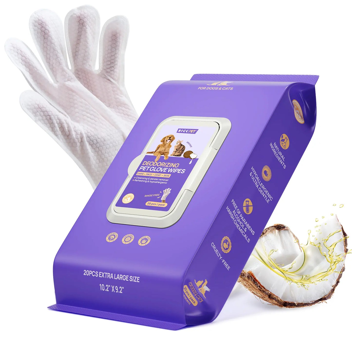 HICC PET Disposable Dog Grooming Wipes (20Pcs) - Natural, Hypoallergenic, No-Rinse Mess-Free Grooming Wipes with Fermented Oils for Hair Removal, Sticky Hair Control, Deodorizing, Skin Moisture, Paw Care, Outdoor Use