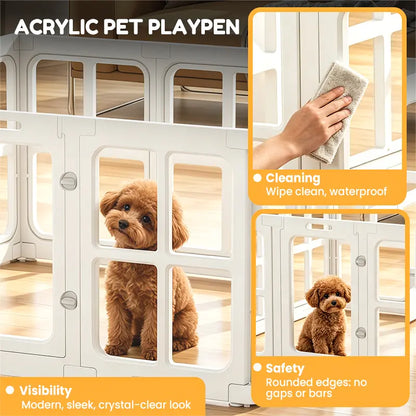 Clear Acrylic Pet Playpen Indoor, 23.62" H 12 Panels Transparent Puppy Play Pen DIY Free Layout, Easy Assemble Dog Fence for Small Dogs Cats Rabbits Ferrets Whelping Cage Enclosure – White Fathersdaygift Fathersdaygift