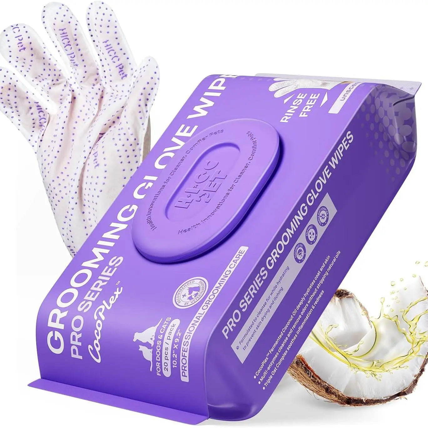 HICC PET Disposable Dog Grooming Wipes (20Pcs) - Natural, Hypoallergenic, No-Rinse Mess-Free Grooming Wipes with Fermented Oils for Hair Removal, Sticky Hair Control, Deodorizing, Skin Moisture, Paw Care, Outdoor Use