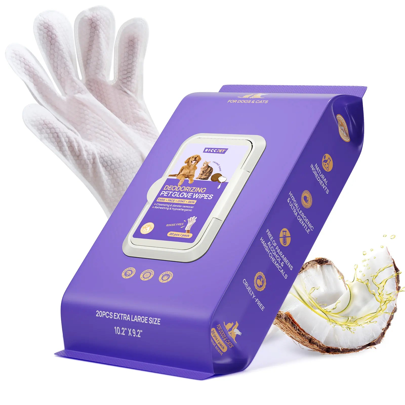 HICC PET Disposable Dog Grooming Wipes (20Pcs) - Natural, Hypoallergenic, No-Rinse Mess-Free Grooming Wipes with Fermented Oils for Hair Removal, Sticky Hair Control, Deodorizing, Skin Moisture, Paw Care, Outdoor Use