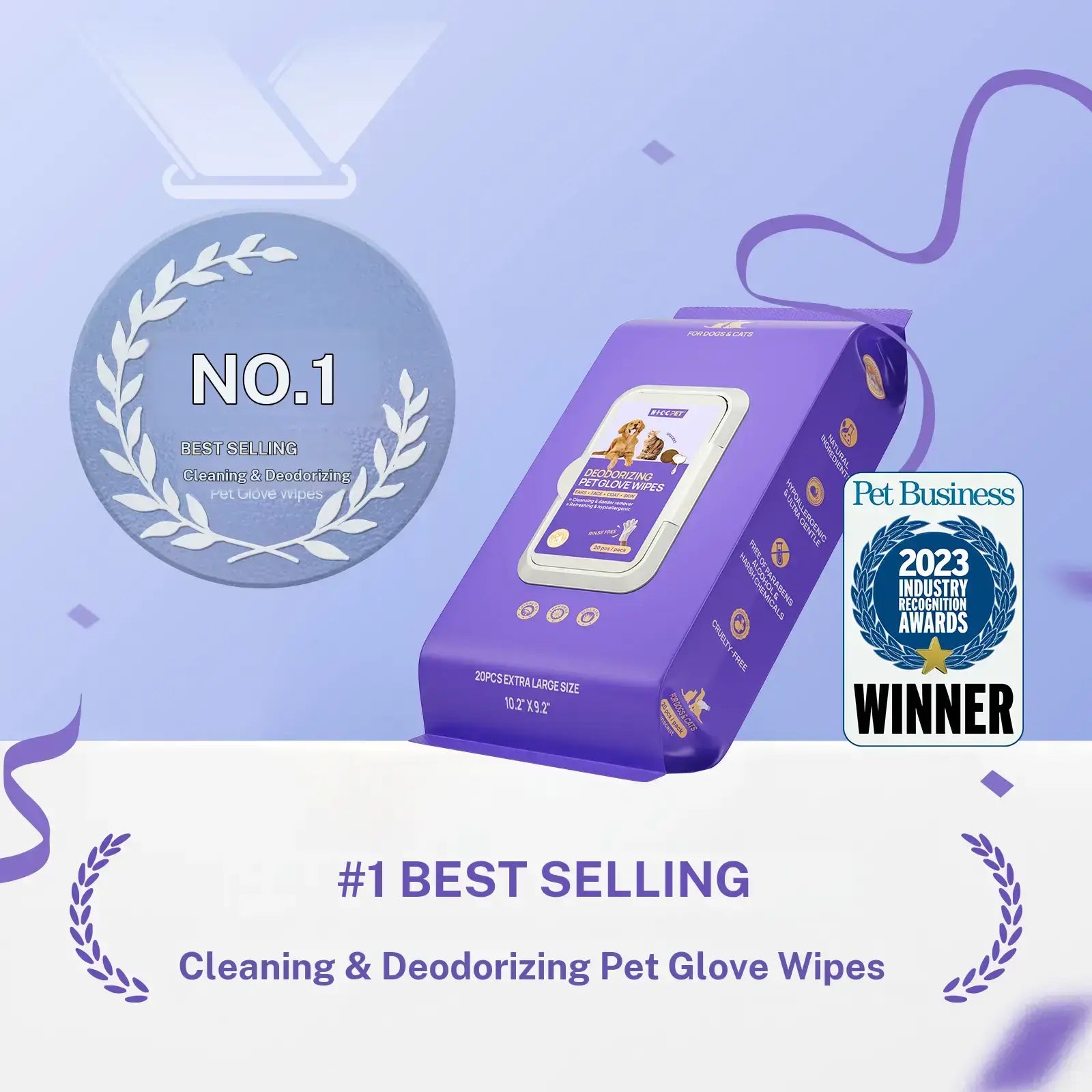 HICC PET Disposable Dog Grooming Wipes (20Pcs) - Natural, Hypoallergenic, No-Rinse Mess-Free Grooming Wipes with Fermented Oils for Hair Removal, Sticky Hair Control, Deodorizing, Skin Moisture, Paw Care, Outdoor Use