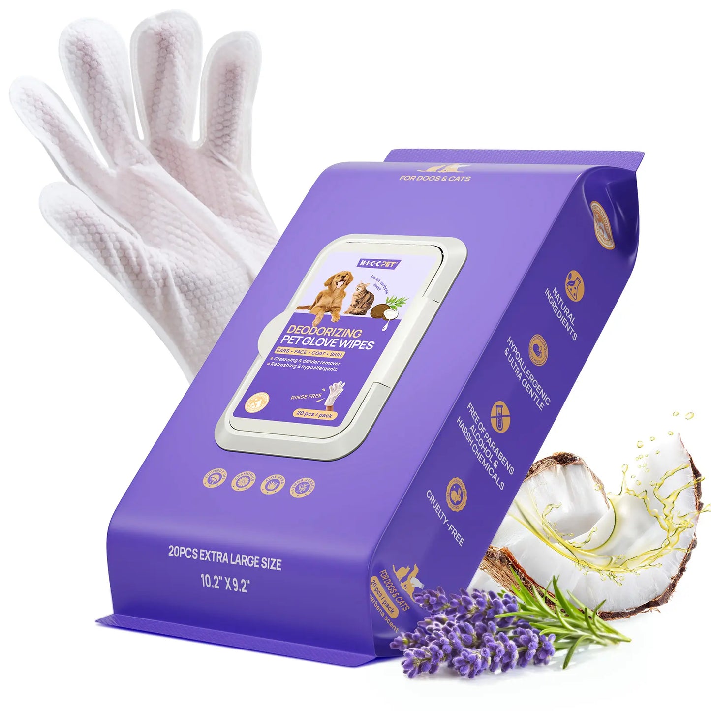 HICC PET Disposable Dog Grooming Wipes (20Pcs) - Natural, Hypoallergenic, No-Rinse Mess-Free Grooming Wipes with Fermented Oils for Hair Removal, Sticky Hair Control, Deodorizing, Skin Moisture, Paw Care, Outdoor Use