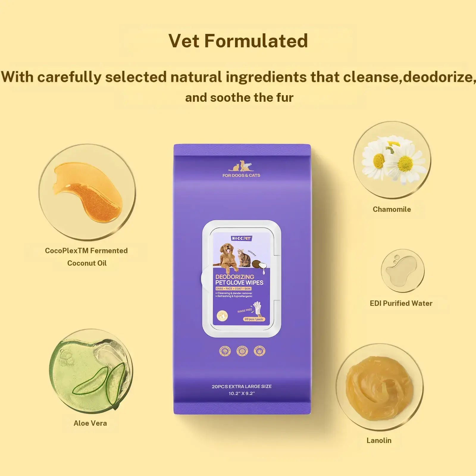 HICC PET Disposable Dog Grooming Wipes (20Pcs) - Natural, Hypoallergenic, No-Rinse Mess-Free Grooming Wipes with Fermented Oils for Hair Removal, Sticky Hair Control, Deodorizing, Skin Moisture, Paw Care, Outdoor Use
