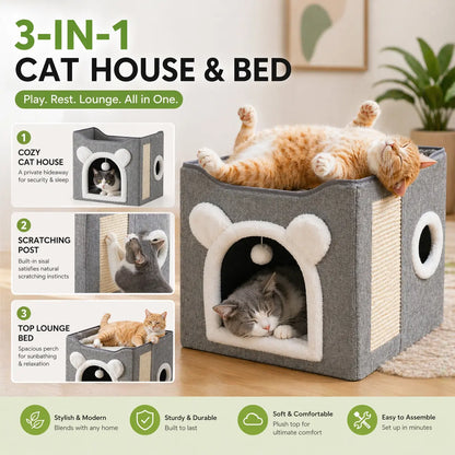3-In-1 Foldable Cat House & Sisal Scratcher | Double-Layer Semi-Enclosed Bed Outdoorfun