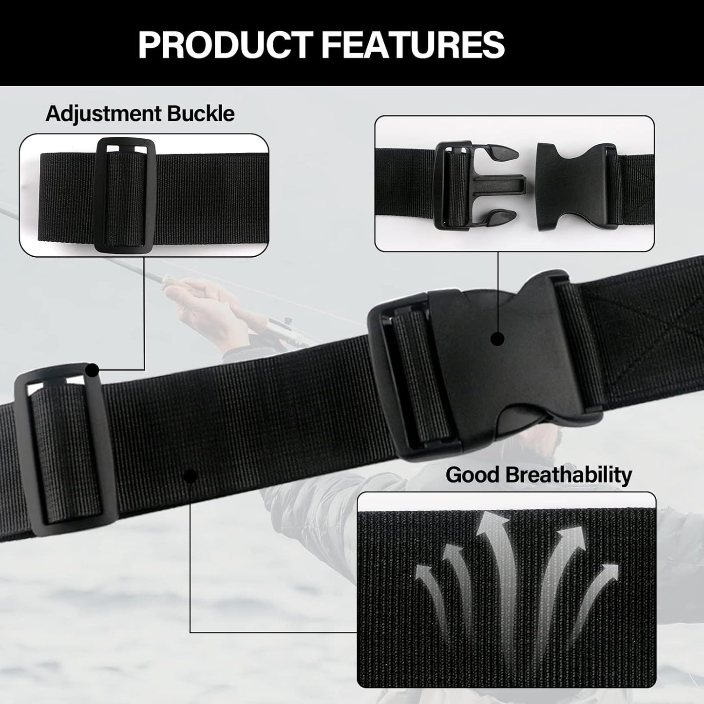 Fishing Wading Belt Rod Holder Adjustable Wader Waist Belt for Fly Surf Casting Spinning Pole Fishing Tool Tackle (Black)
