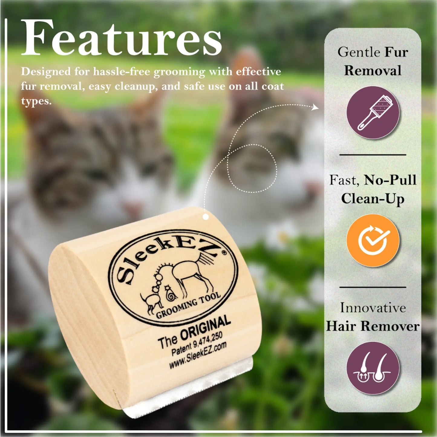 Sleekez Cat Brush for Shedding & Grooming, Wooden Handle & Stainless Steel Blade, Pet Brush for Indoor Cats, 2.5 Inches Long Groomer Tools Fur Removal Tool