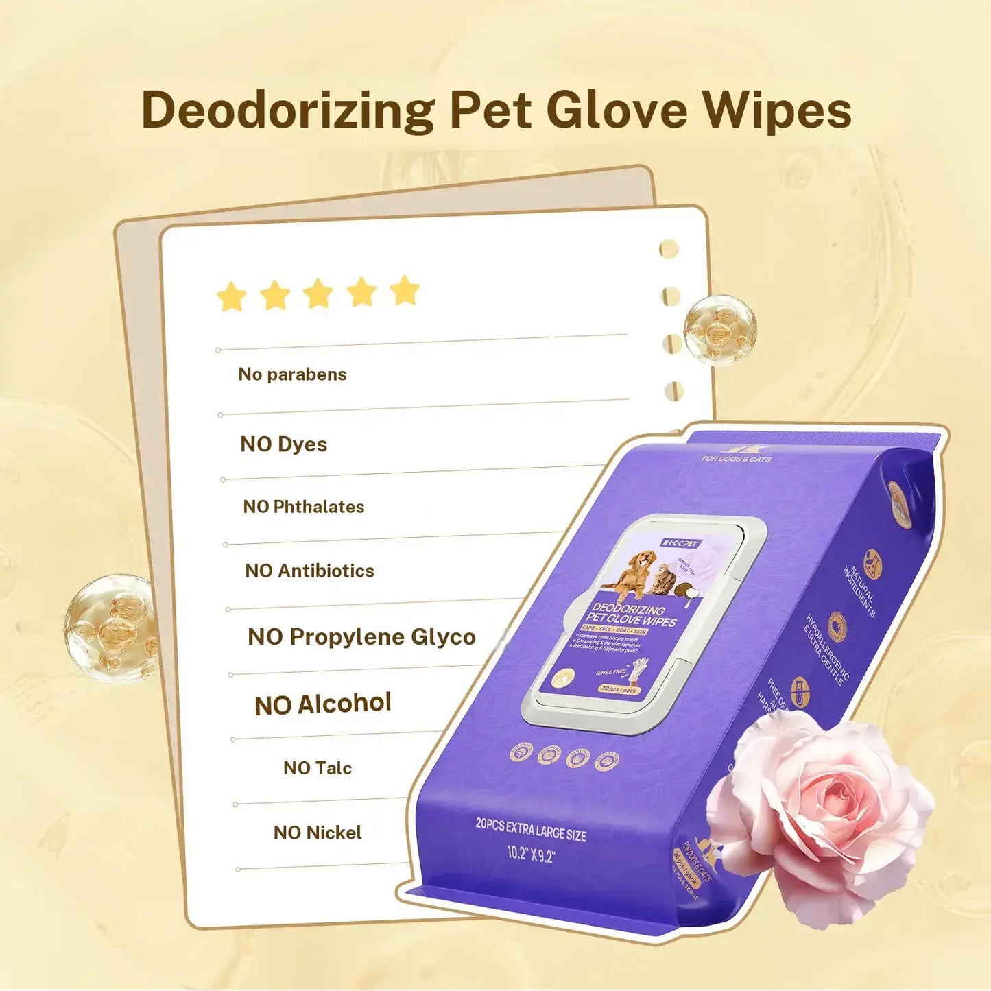 HICC PET Disposable Dog Grooming Wipes (20Pcs) - Natural, Hypoallergenic, No-Rinse Mess-Free Grooming Wipes with Fermented Oils for Hair Removal, Sticky Hair Control, Deodorizing, Skin Moisture, Paw Care, Outdoor Use